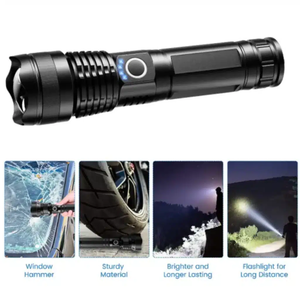 Flashlight features window hammer, sturdy, bright