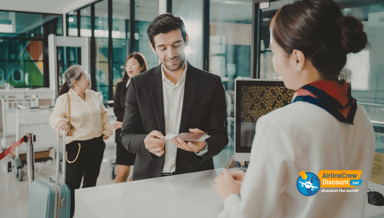 airline crew at car rental counter