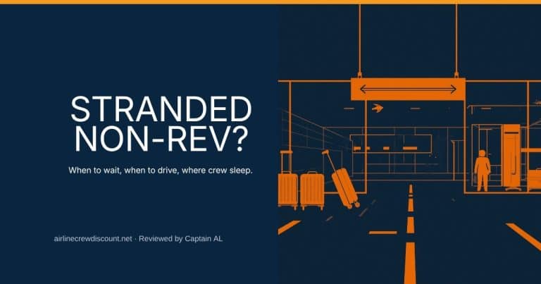 Stranded non-rev playbook: airline crew stranded in an airport terminal with luggage, and the 15-minute crew drill