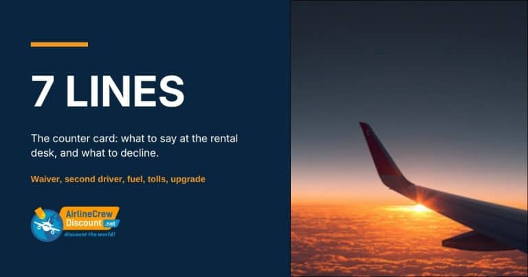 Car rental counter upsells: the seven-line counter card for airline crew, listing waiver, second driver, fuel, tolls and upgrade, on the Airline Crew Discount navy panel beside an aircraft wing at sunset