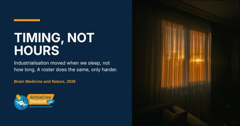 How much sleep do airline crew need: timing not hours, the 2026 Brain Medicine and Nature sleep research, on the Airline Crew Discount navy panel beside a darkened bedroom with daylight burning through the curtain
