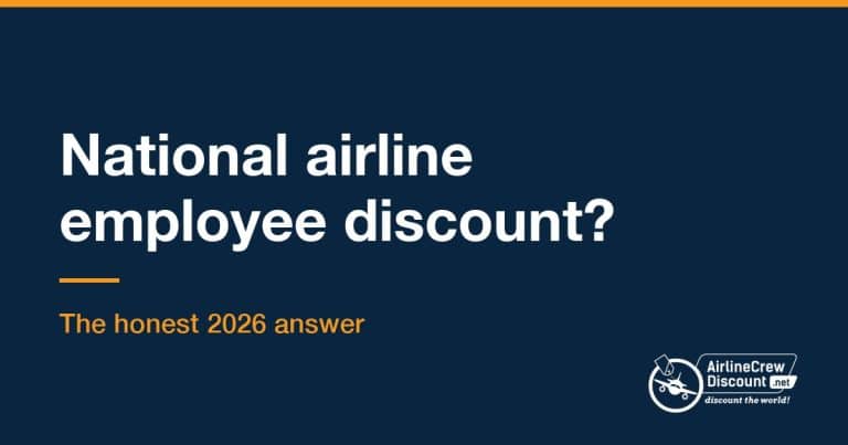 Navy blue header image for airlinecrewdiscount.net with the question "National airline employee discount?" and the subline "The honest 2026 answer"