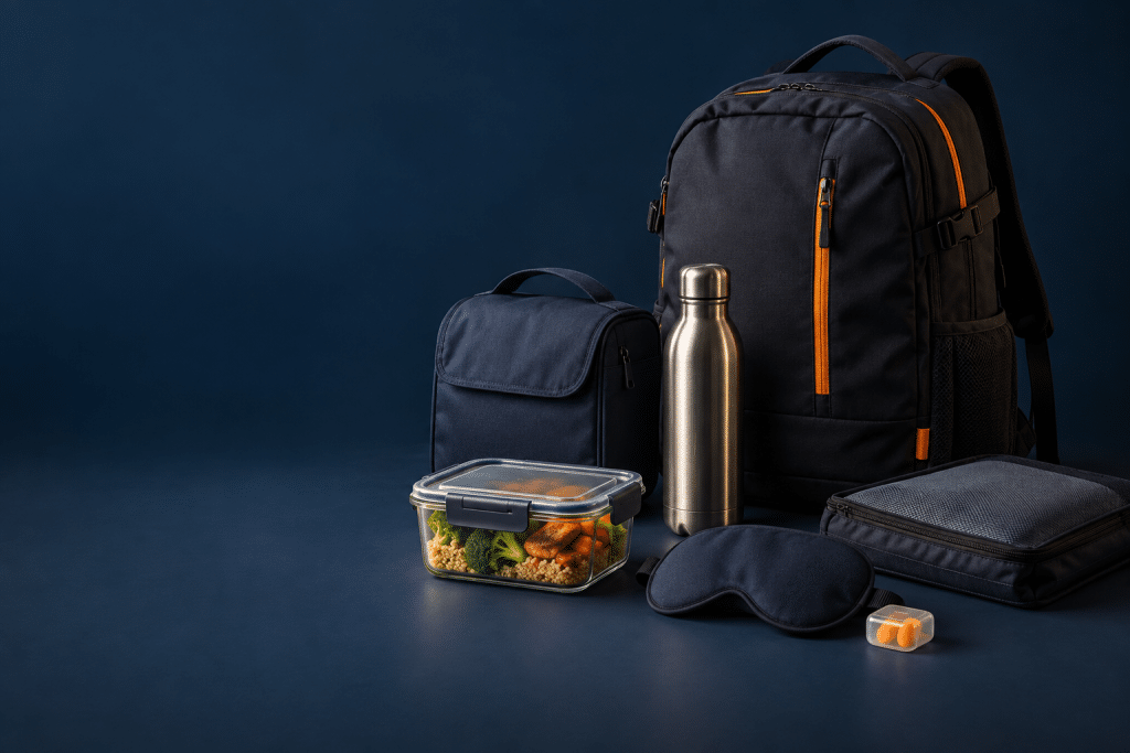Category illustration of a backpack, lunch bag, bottle, food container, sleep mask, earplug case, and packing cube; not product photographs